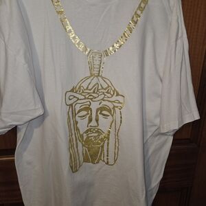 White T-Shirt with Gold Jesus Neclace Design